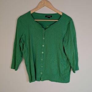 Roz & Ali Green Cardigan Sweater Large Button Front 3/4 Sleeve Rayon Blend